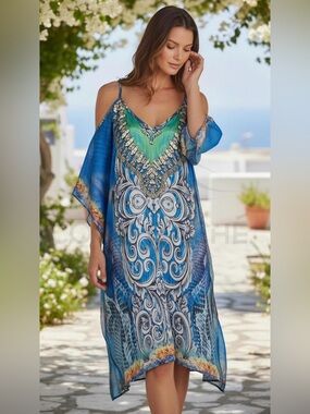 Classy Embellished Loose Fit Midi Cold Shoulder Cut Out Summer Dress Kaftan